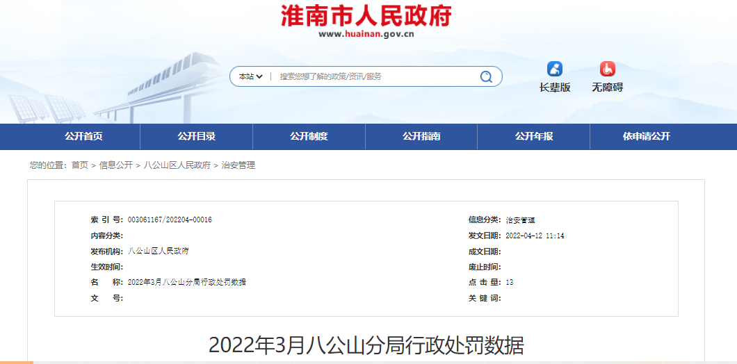 2022年3月淮南八公山分局行政處罰數據