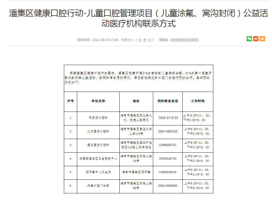 淮南潘集區(qū)健康口腔行動(dòng)-兒童口腔管理項(xiàng)目（兒童涂氟、窩溝封閉）公益活動(dòng)醫(yī)療機(jī)構(gòu)聯(lián)系方式