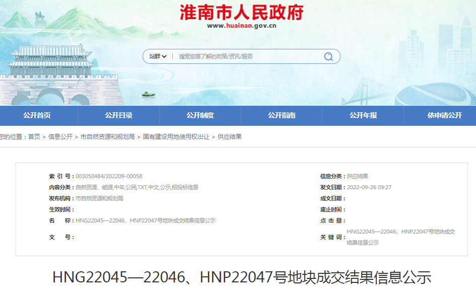 淮南HNG22045—22046、HNP22047號(hào)地塊成交結(jié)果信息公示