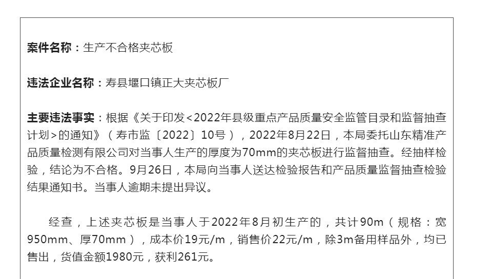 淮南壽縣堰口正大夾芯板廠因生產(chǎn)不合格夾芯板被罰2000元！