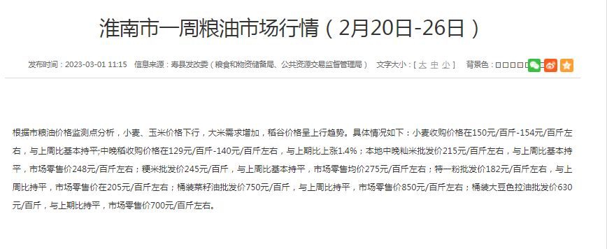 淮南市一周糧油市場(chǎng)行情（2月20日-26日）