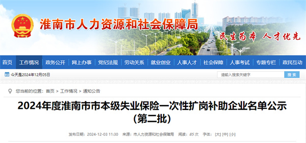 2024年度淮南市市本級(jí)失業(yè)保險(xiǎn)一次性擴(kuò)崗補(bǔ)助企業(yè)名單公示（第二批）
